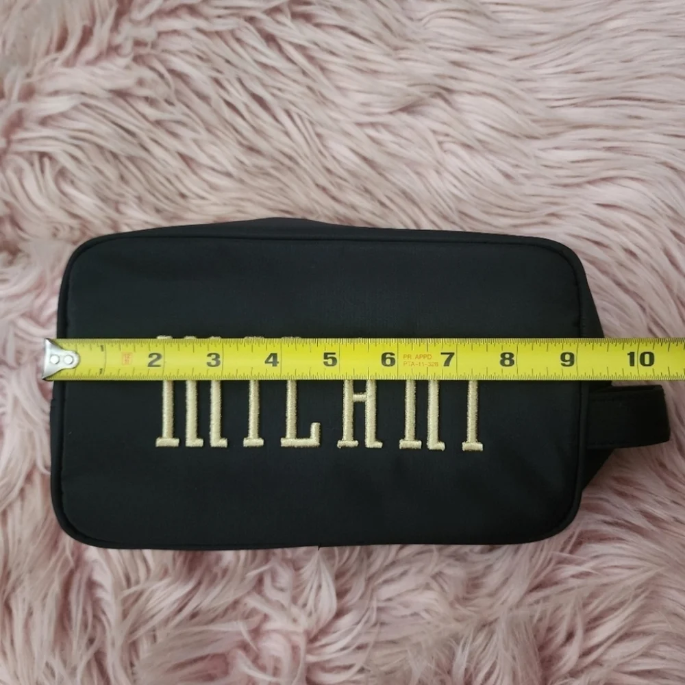 Milani makeup bag travel pouch black nylon gold embroidered